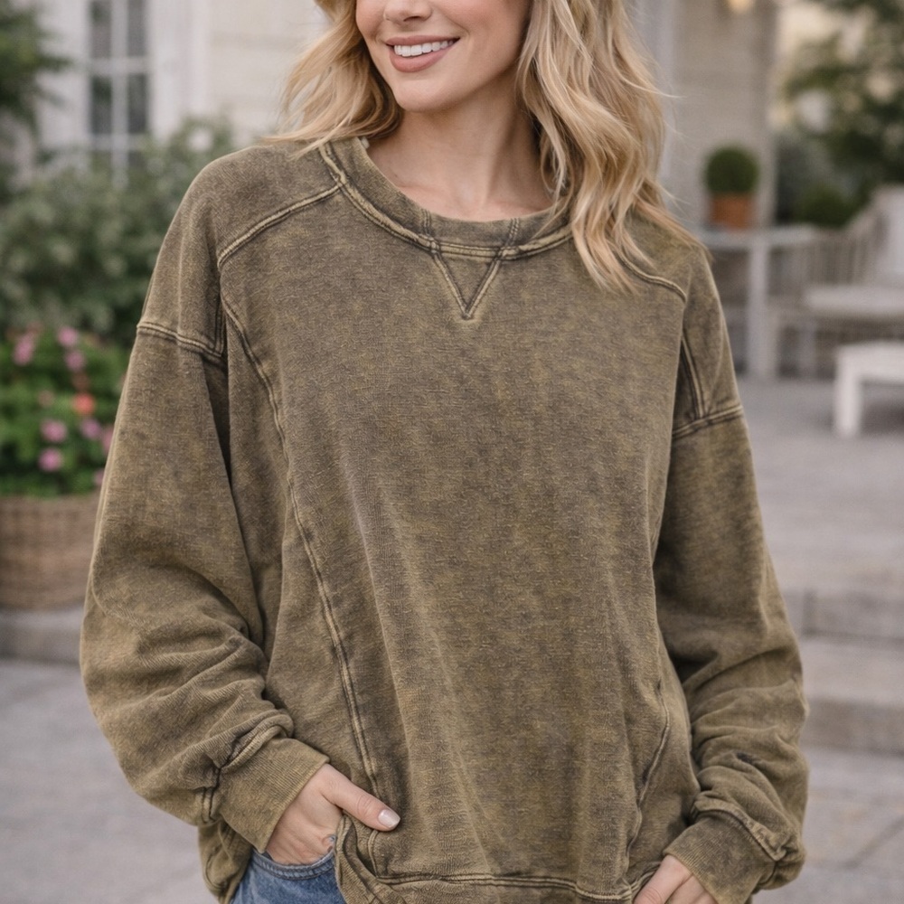 Zenana Vintage Wash Sweatshirt Pullover | Oversized Cozy Top | NWT | Sz S/M
